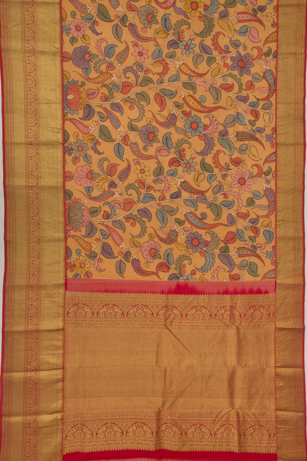 Kanchipuram Silk Handpainted Kalamkari Mustard Yellow Saree