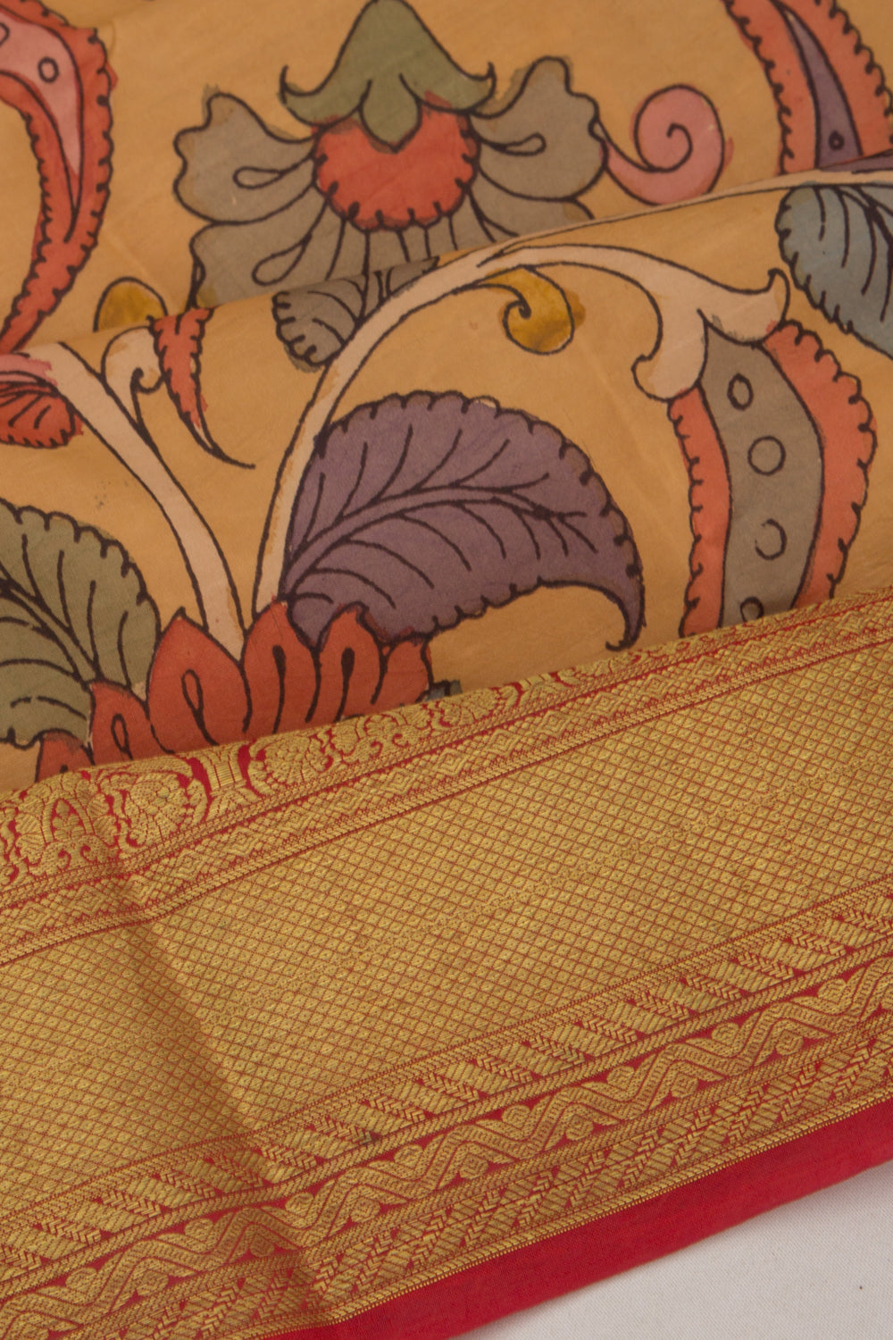 Kanchipuram Silk Handpainted Kalamkari Mustard Yellow Saree