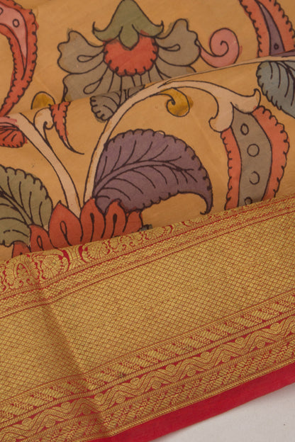 Kanchipuram Silk Handpainted Kalamkari Mustard Yellow Saree