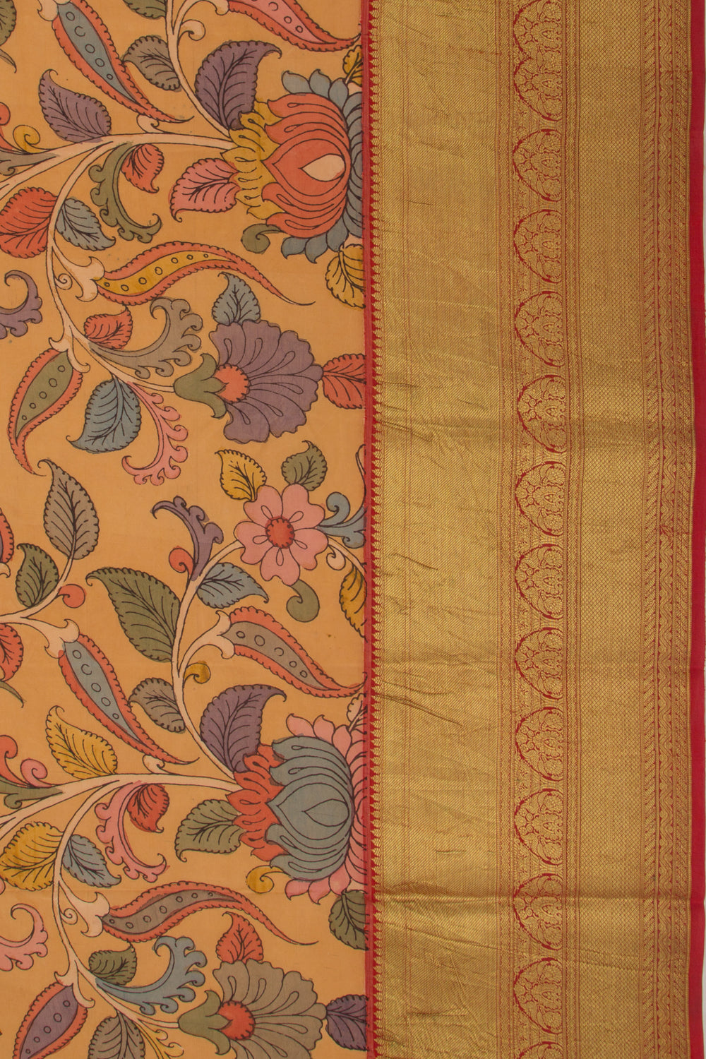 Kanchipuram Silk Handpainted Kalamkari Mustard Yellow Saree