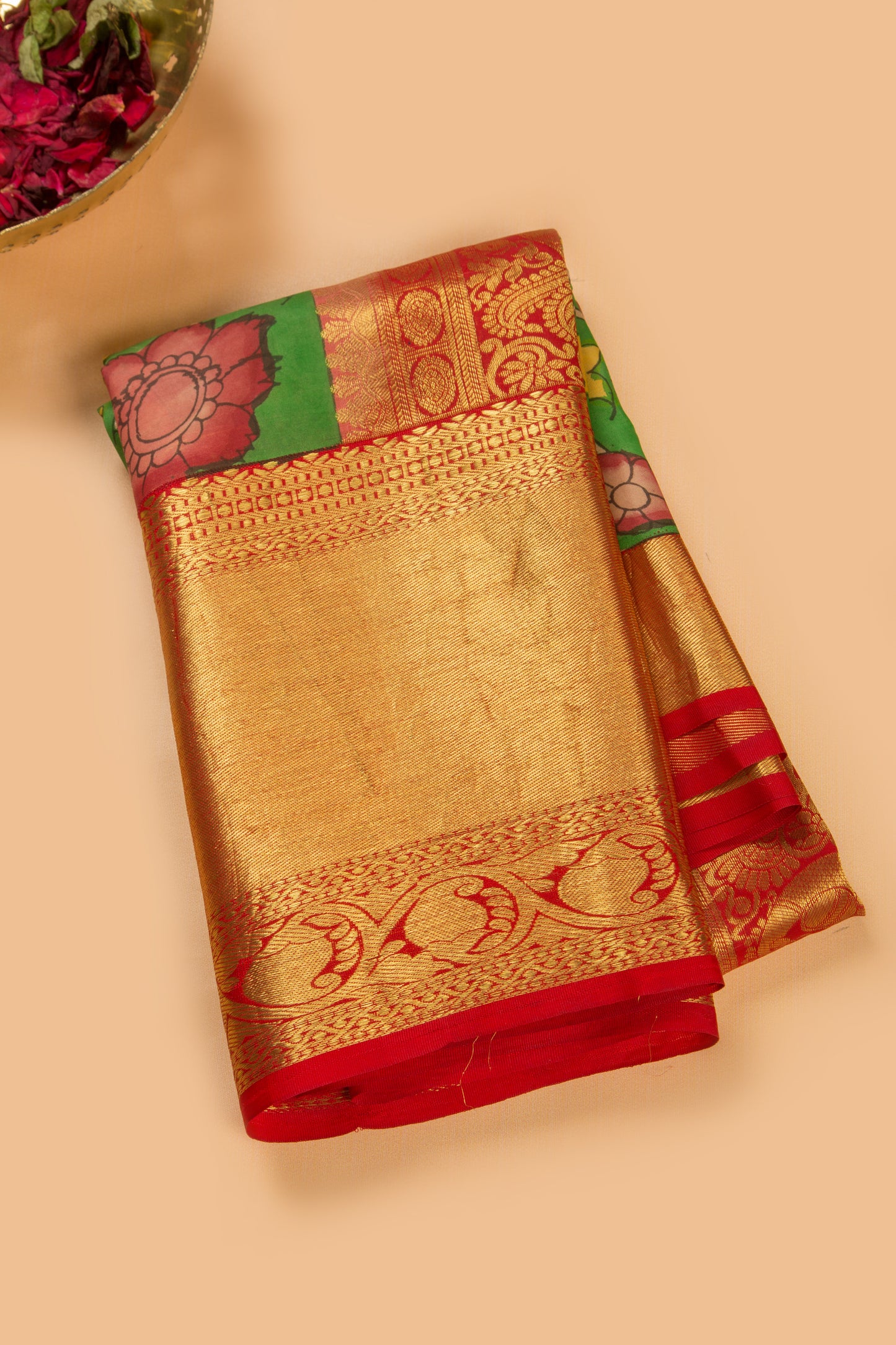 Kanchipuram Silk Handpainted Kalamkari Green Saree