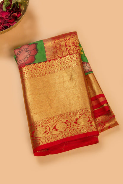 Kanchipuram Silk Handpainted Kalamkari Green Saree