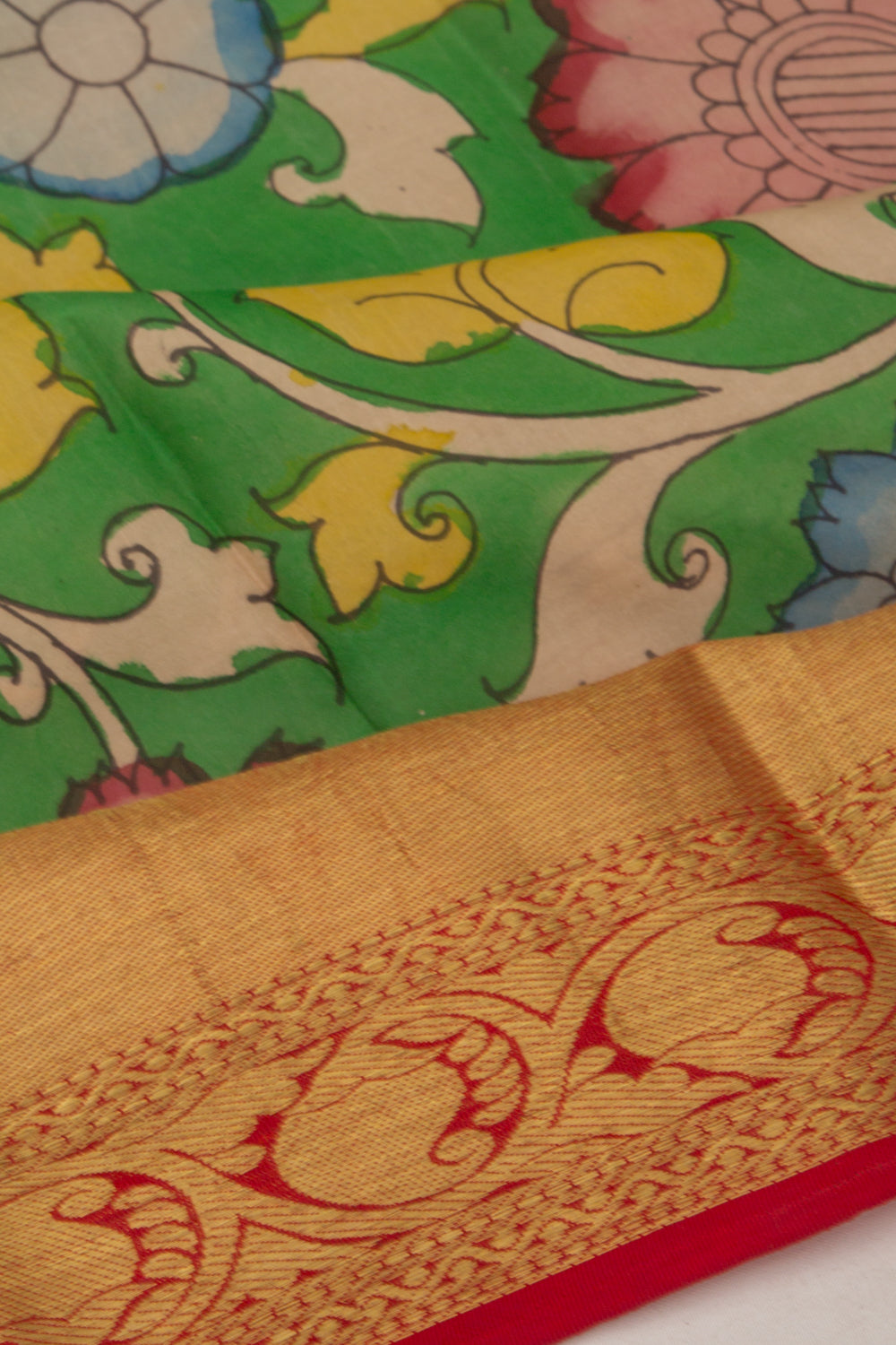 Kanchipuram Silk Handpainted Kalamkari Green Saree