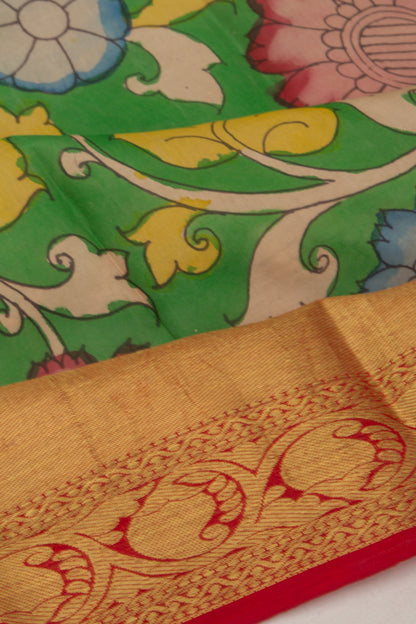 Kanchipuram Silk Handpainted Kalamkari Green Saree