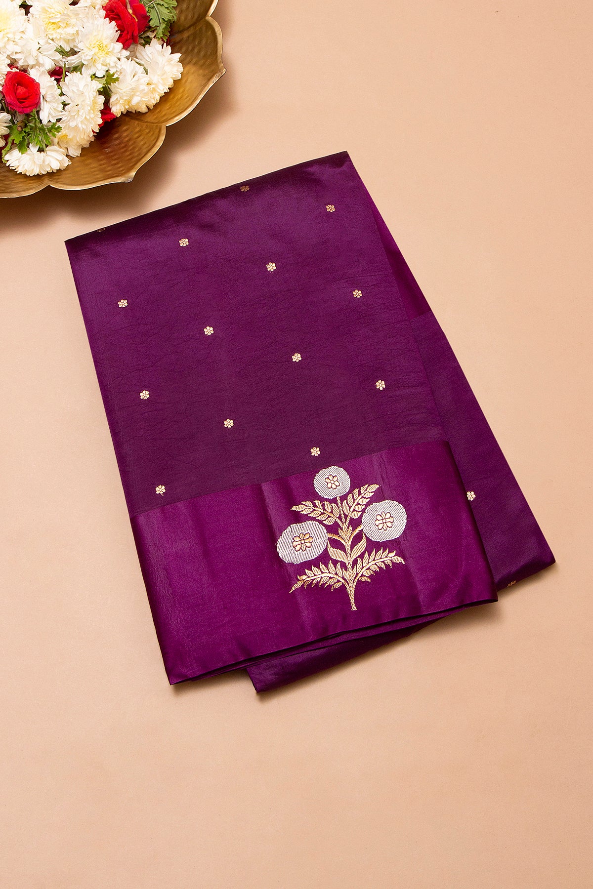Banarasi Katan Silk Butta Purple Saree With Satin Border