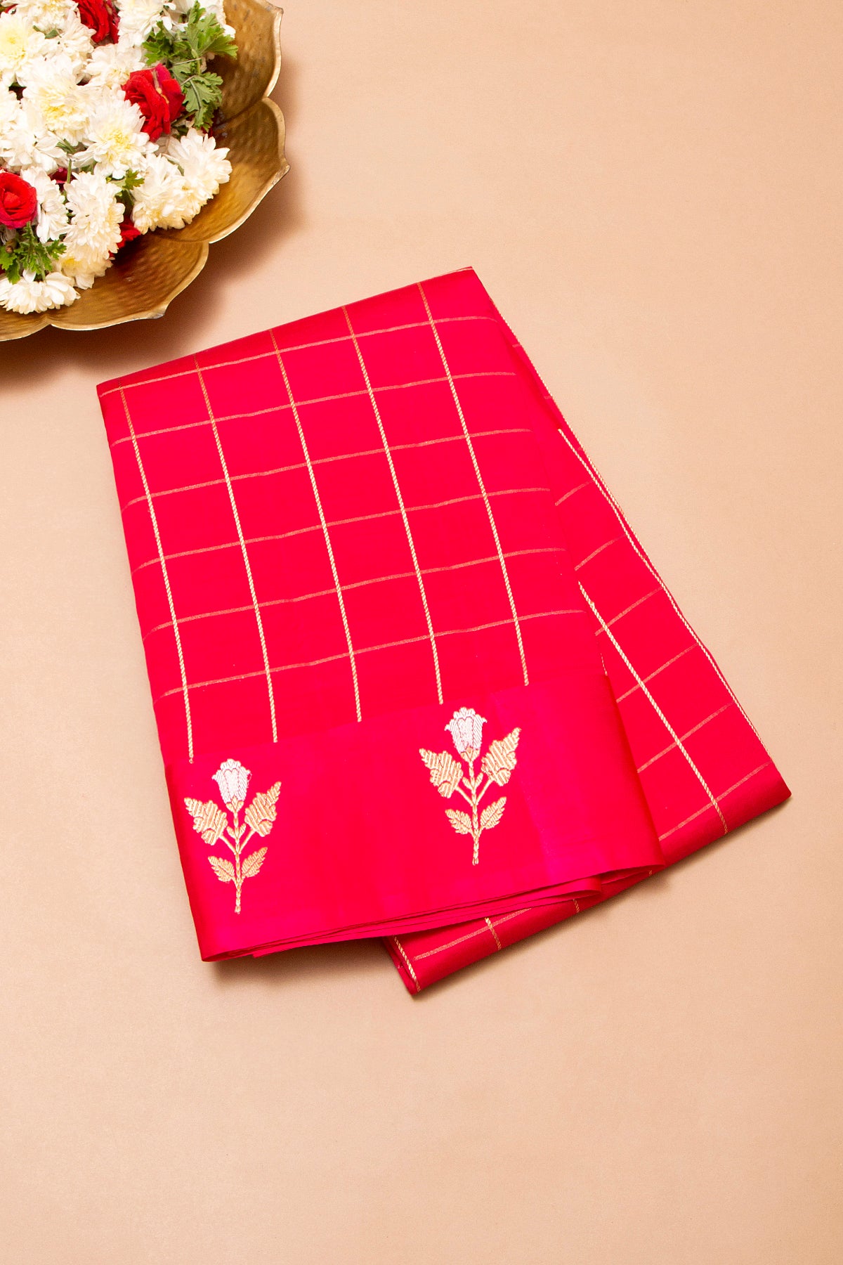 Banarasi Katan Silk Checks Red Saree With Satin Border