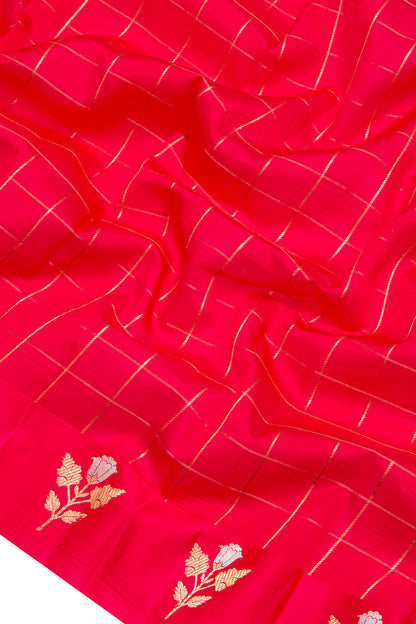 Banarasi Katan Silk Checks Red Saree With Satin Border