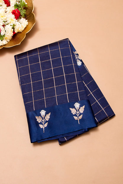 Banarasi Katan Silk Checks Dark Blue Saree With Satin Border