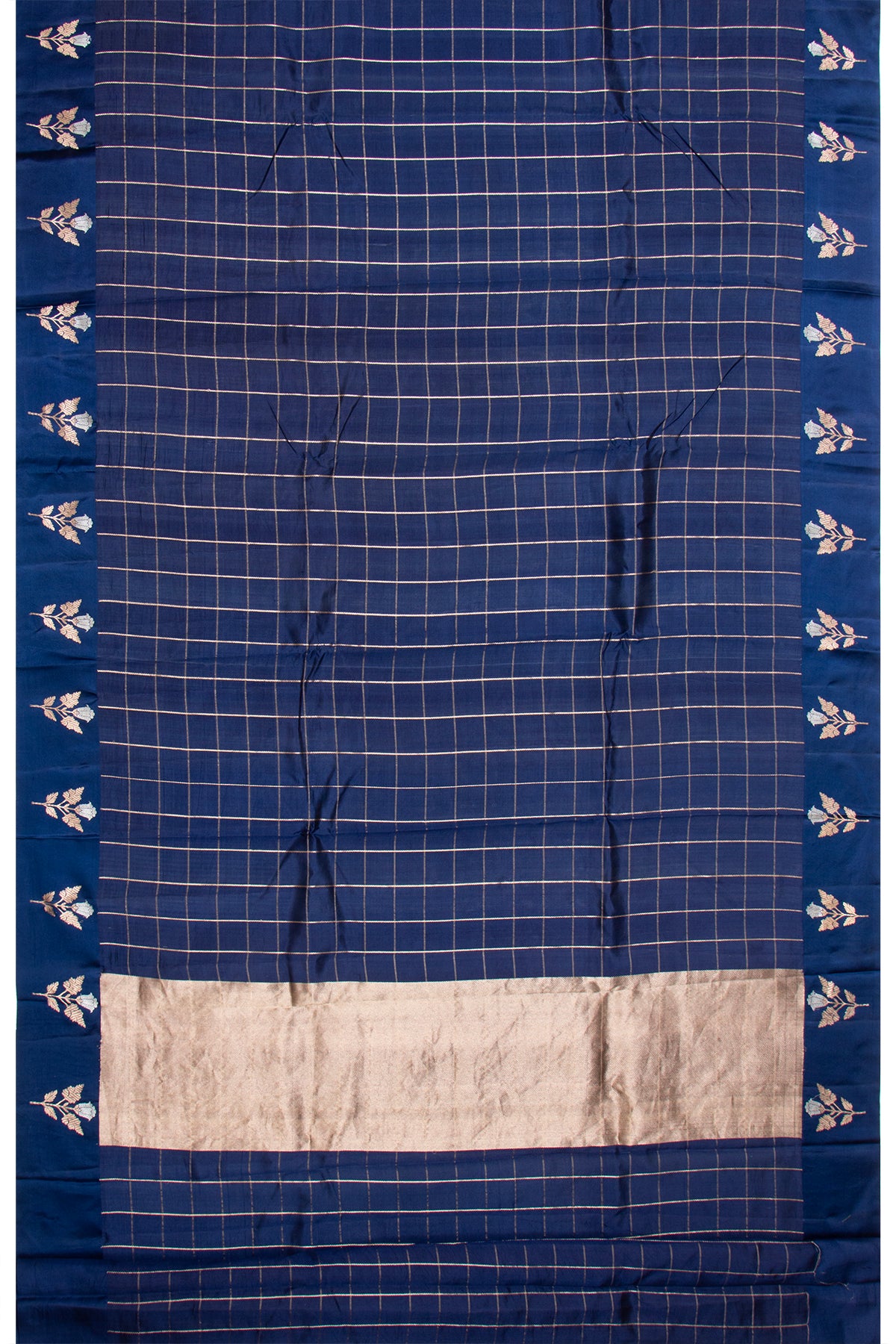 Banarasi Katan Silk Checks Dark Blue Saree With Satin Border