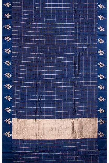 Banarasi Katan Silk Checks Dark Blue Saree With Satin Border