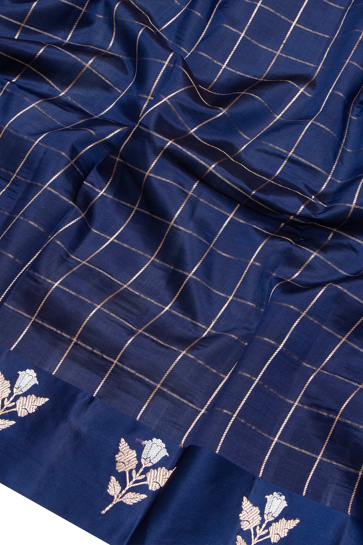 Banarasi Katan Silk Checks Dark Blue Saree With Satin Border