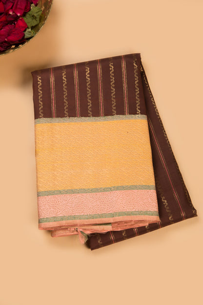 Kanchipuram Silk Vertical Lines Brown Saree