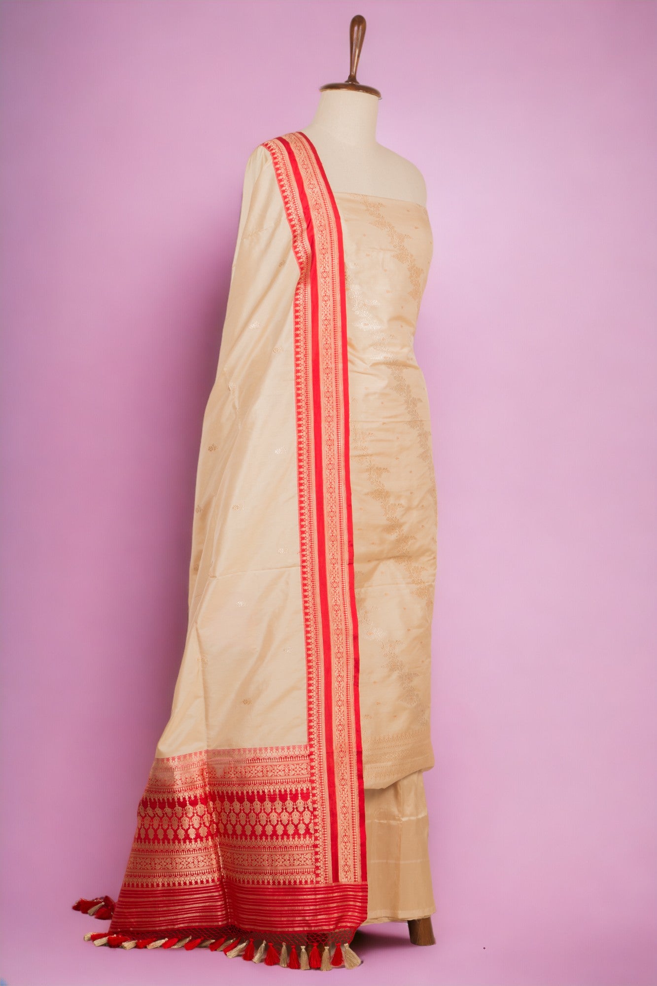 Banarasi Silk Jaal Cream Salwar Suit Set