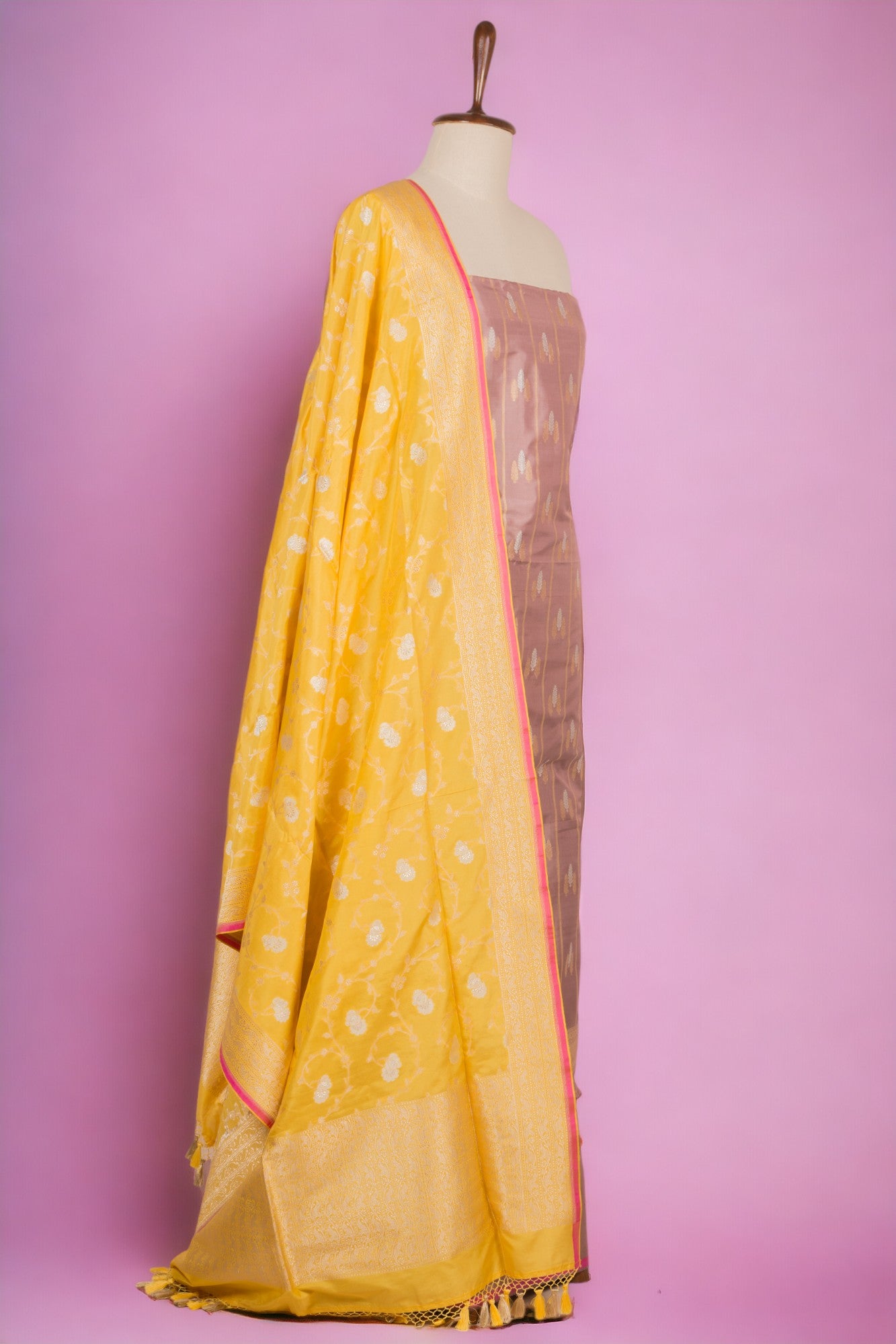 Banarasi Silk Vertical Lines And Butta Lilac Salwar Suit Set