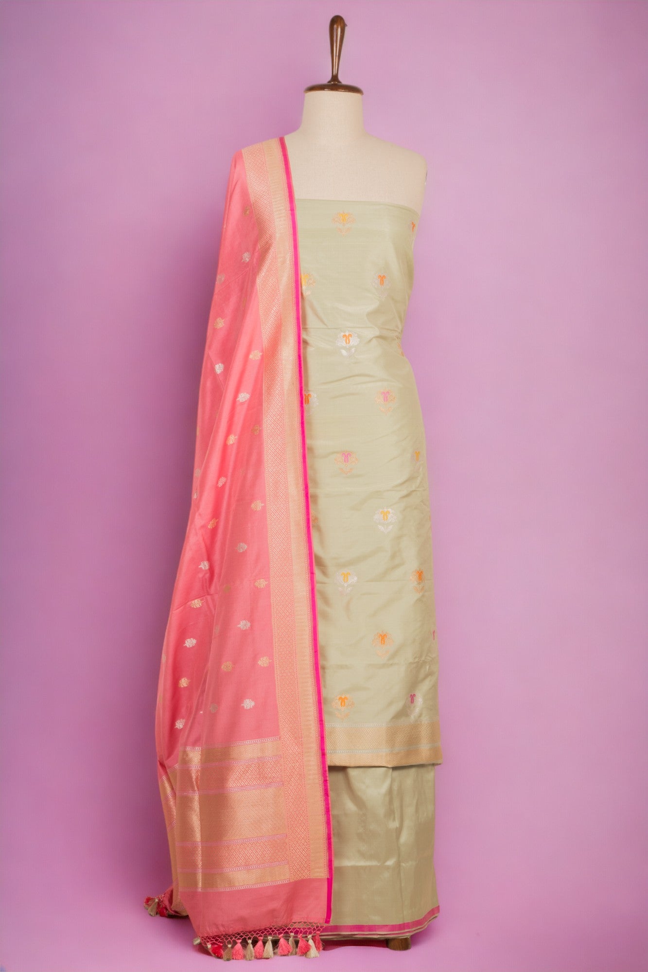 Banarasi Silk Butta Pista Green Salwar Suit Set