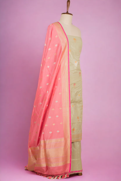 Banarasi Silk Butta Pista Green Salwar Suit Set