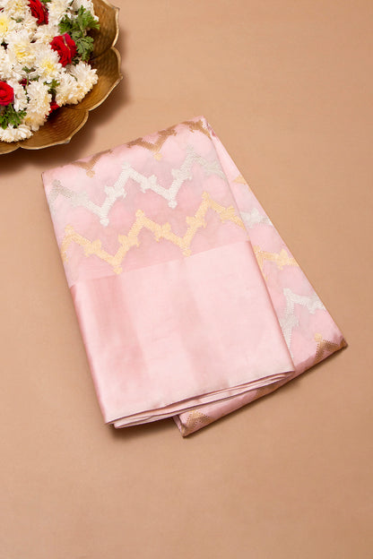 Banarasi Katan Silk Zig Zag Lines Pastel Pink Saree With Satin Border