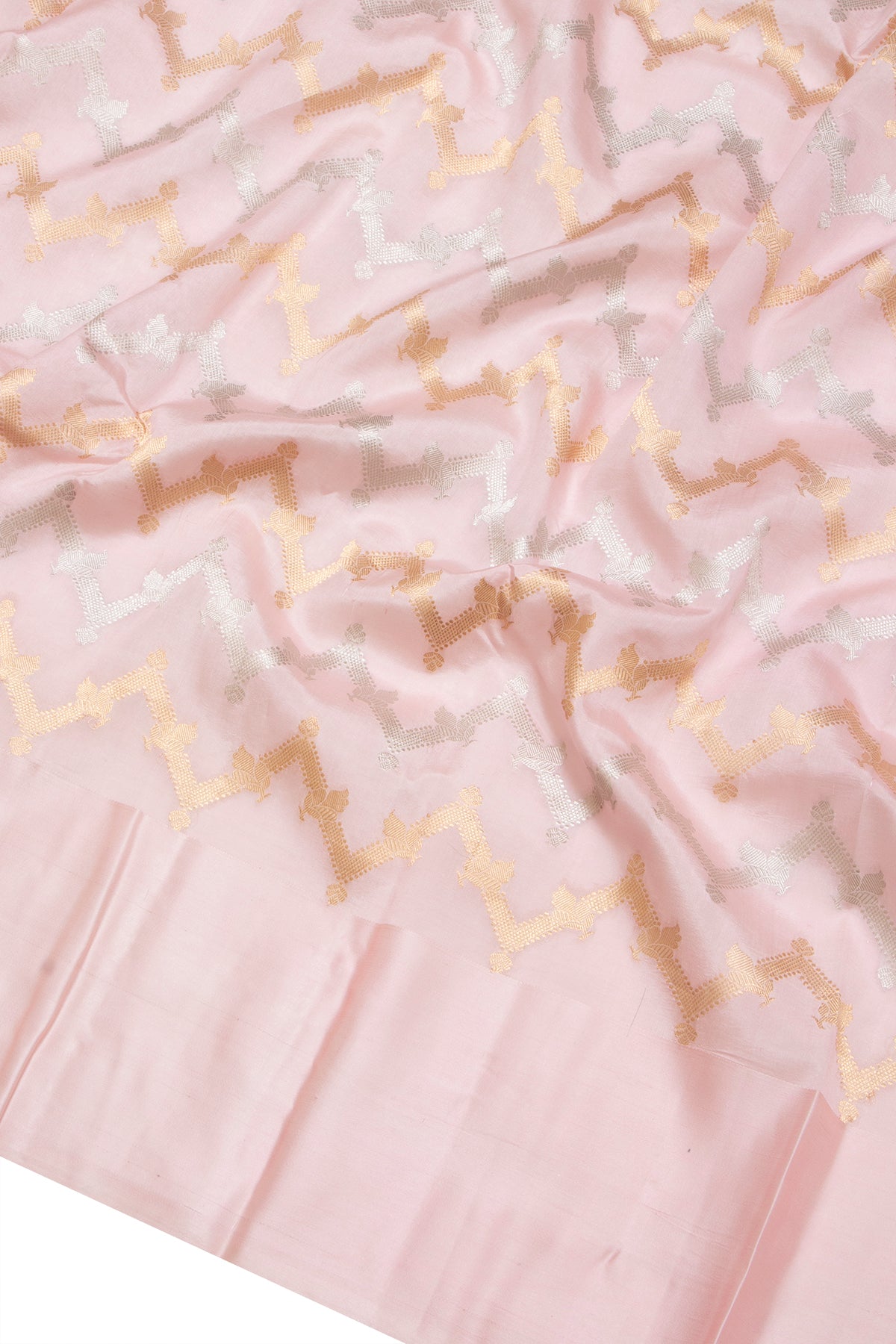 Banarasi Katan Silk Zig Zag Lines Pastel Pink Saree With Satin Border