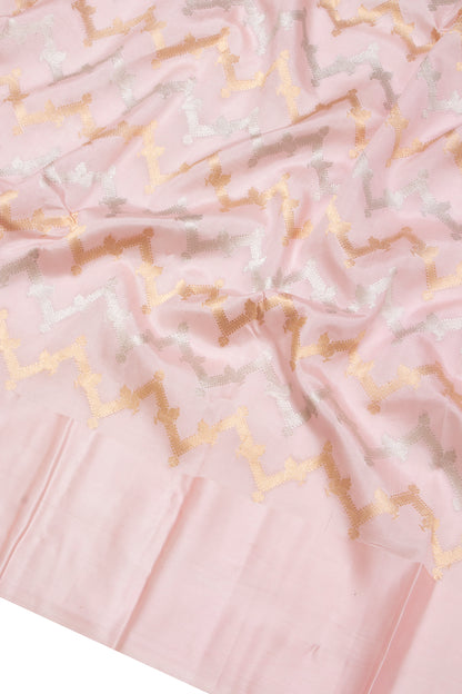 Banarasi Katan Silk Zig Zag Lines Pastel Pink Saree With Satin Border