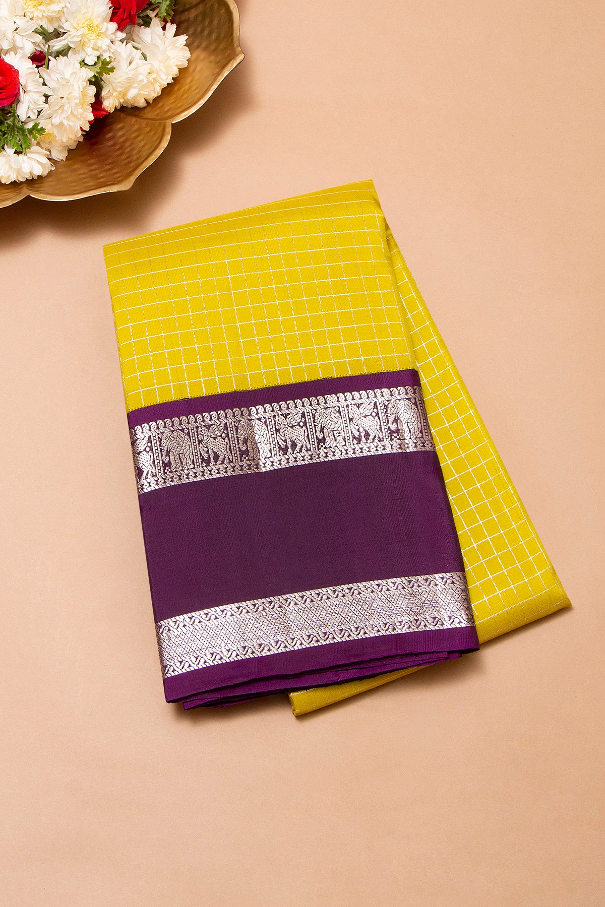 Taranga Kanchi Silk Checks Lemon Yellow Saree