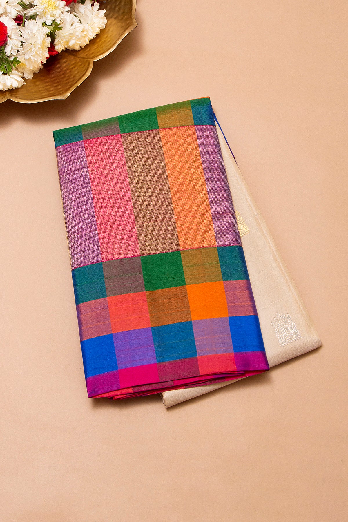 Kanchipuram Silk Butta Cream Saree With Checks Border