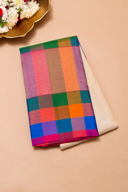 Kanchipuram Silk Butta Cream Saree With Checks Border