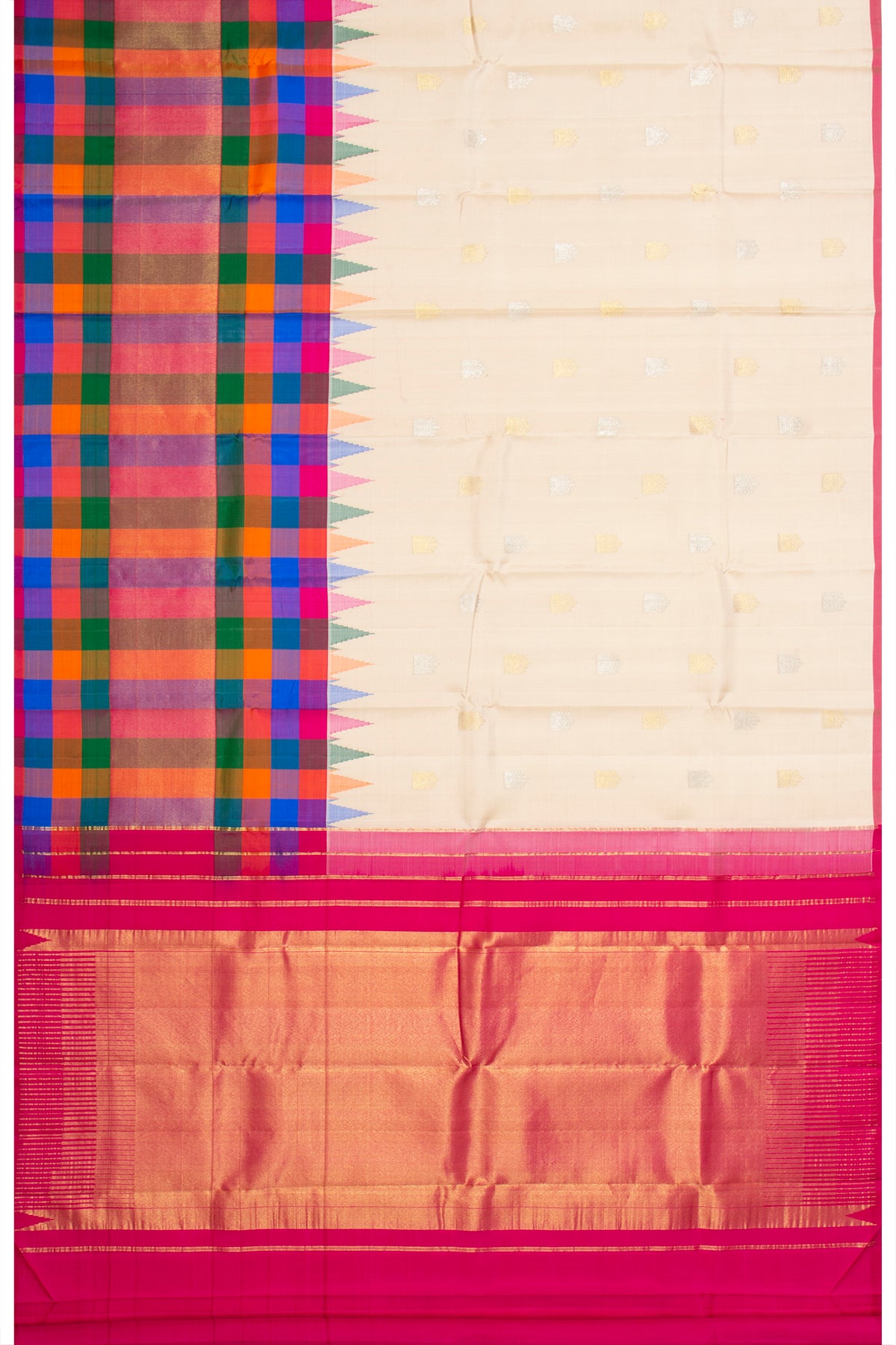 Kanchipuram Silk Butta Cream Saree With Checks Border
