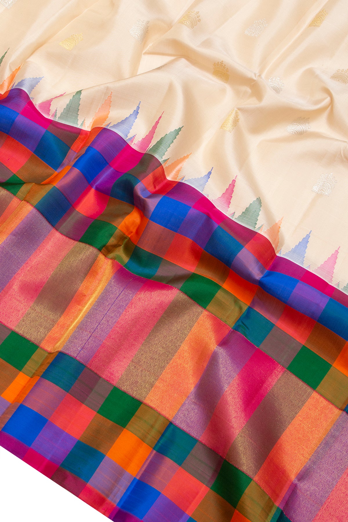 Kanchipuram Silk Butta Cream Saree With Checks Border