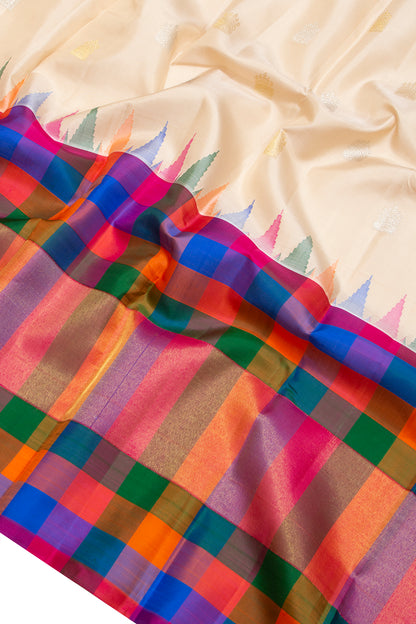 Kanchipuram Silk Butta Cream Saree With Checks Border
