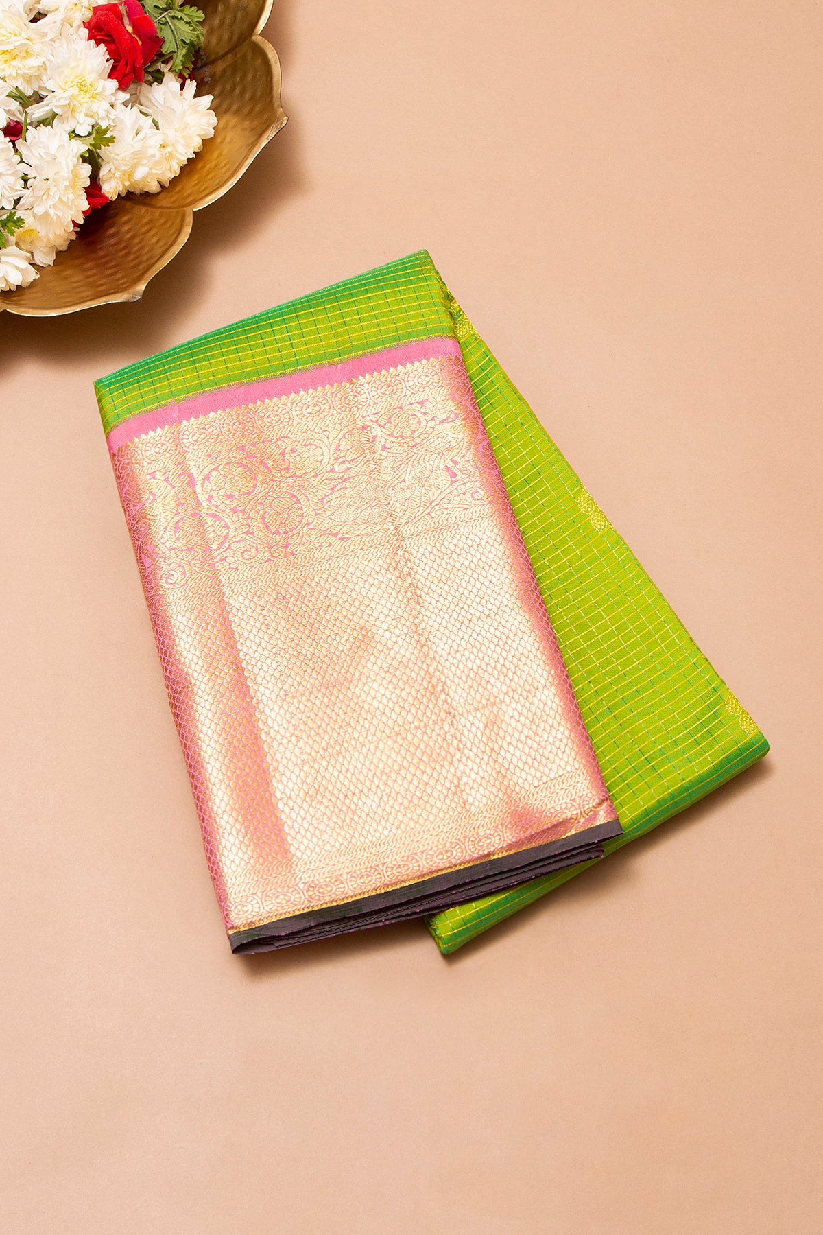 Kanchipuram Silk Checks And Butta Parrot Green Saree