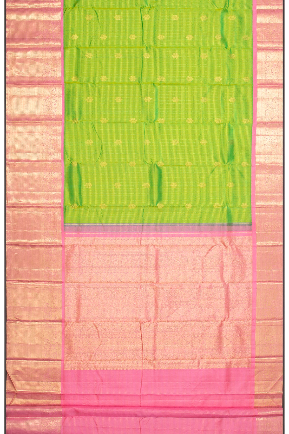 Kanchipuram Silk Checks And Butta Parrot Green Saree