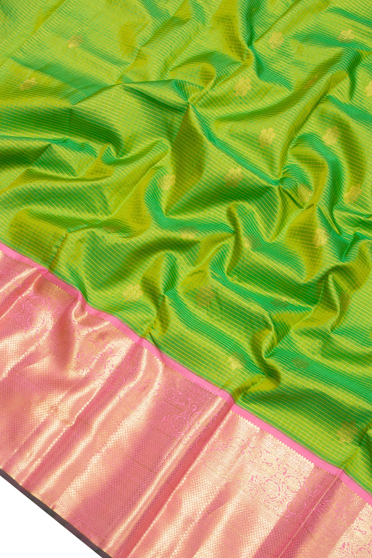 Kanchipuram Silk Checks And Butta Parrot Green Saree