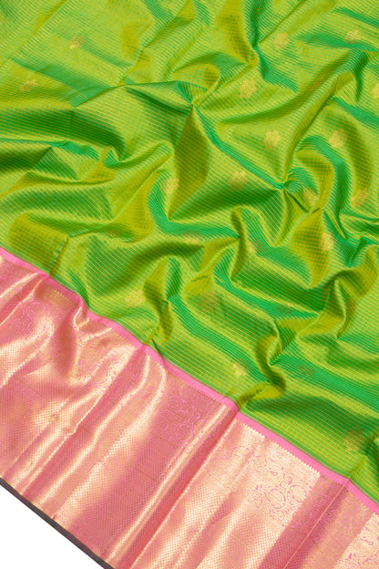 Kanchipuram Silk Checks And Butta Parrot Green Saree