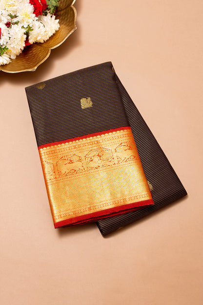 Kanchipuram Silk Oosi Lines And Butta Brown Saree