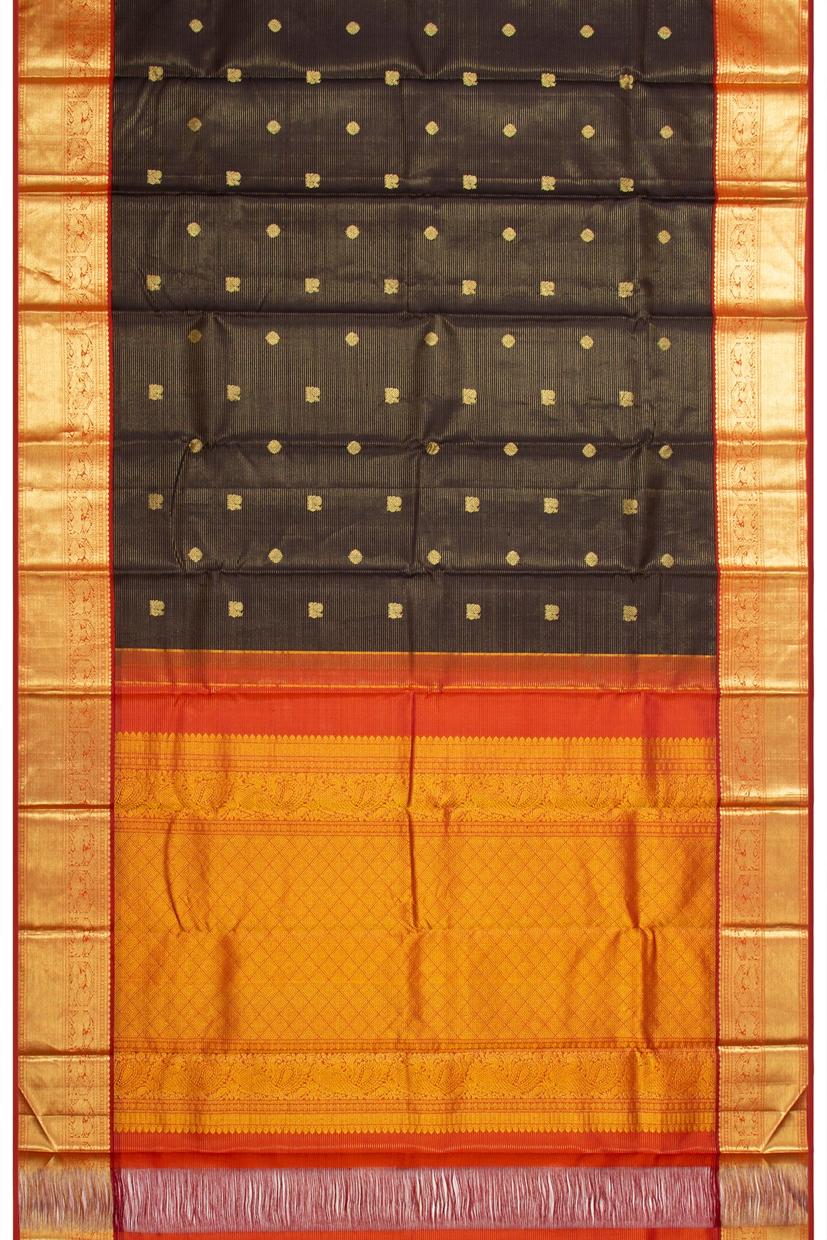 Kanchipuram Silk Oosi Lines And Butta Brown Saree
