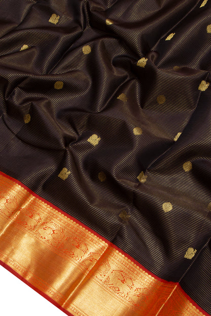 Kanchipuram Silk Oosi Lines And Butta Brown Saree