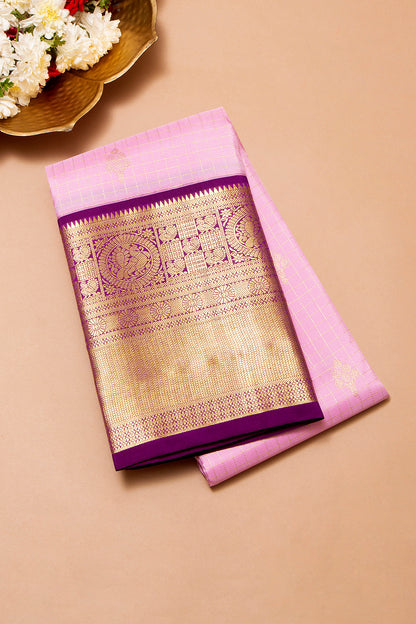 Kanchipuram Silk Checks And Butta Lavender Saree