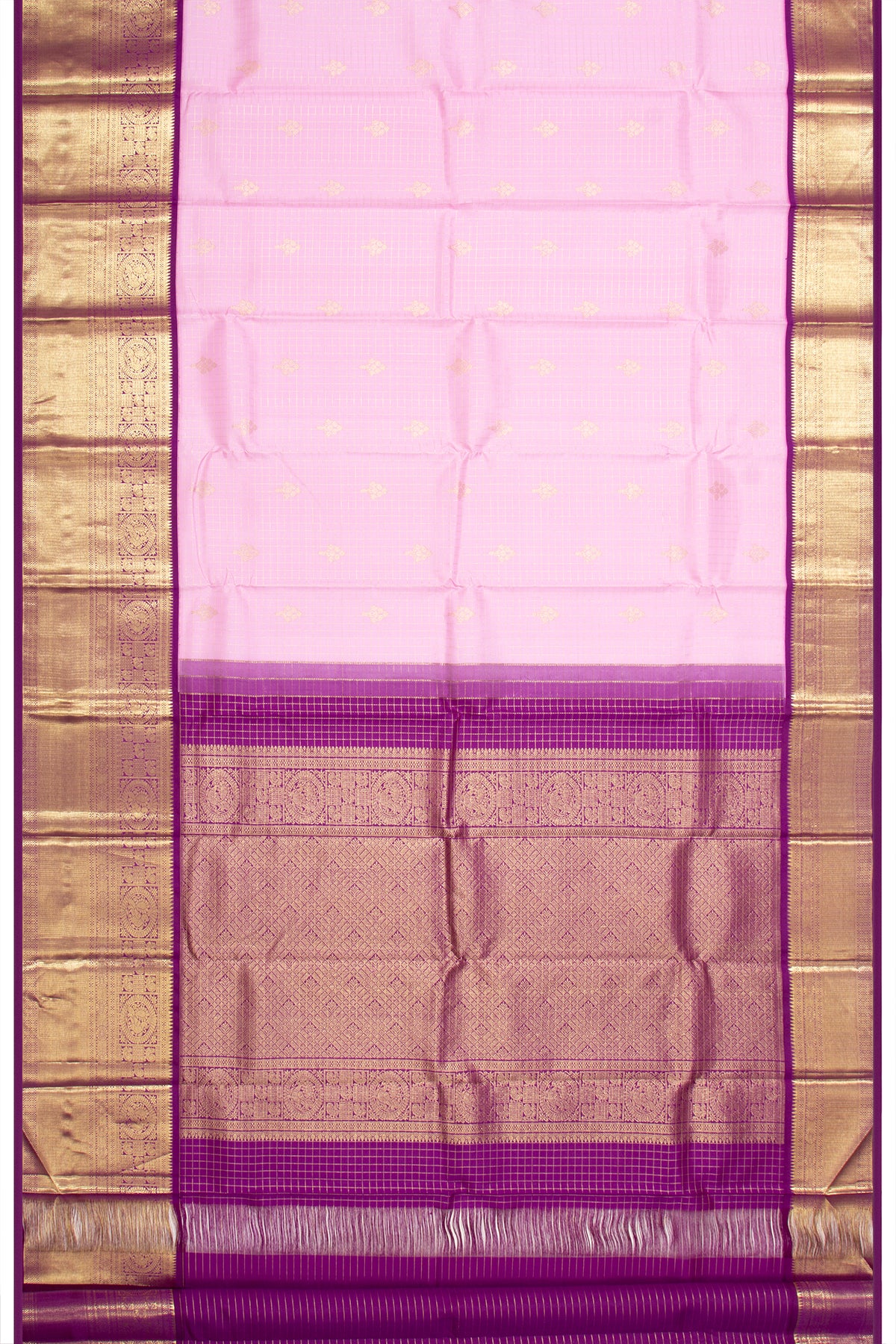 Kanchipuram Silk Checks And Butta Lavender Saree