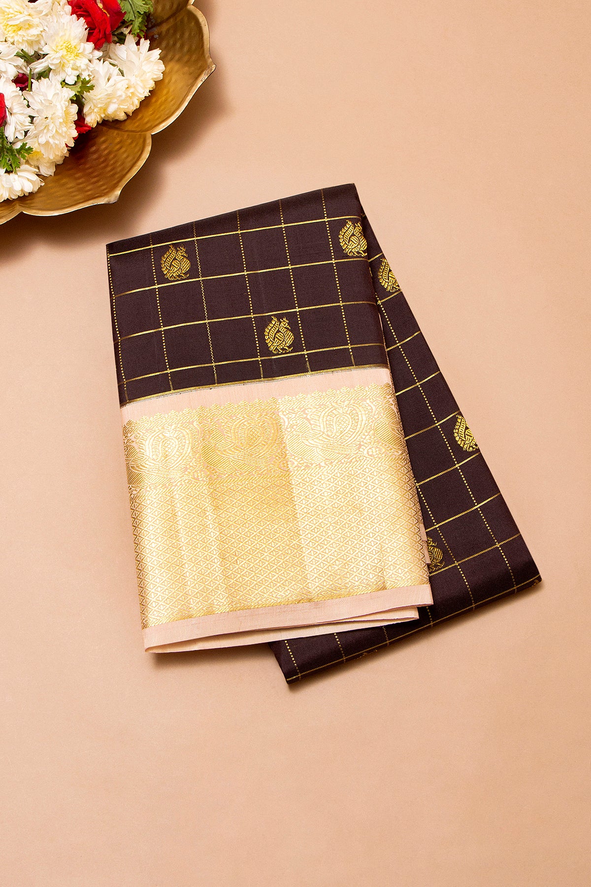 Kanchipuram Silk Checks And Butta Brown Saree
