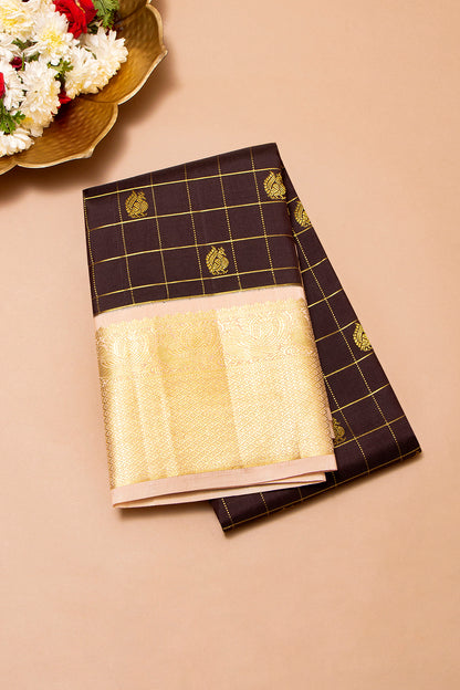 Kanchipuram Silk Checks And Butta Brown Saree