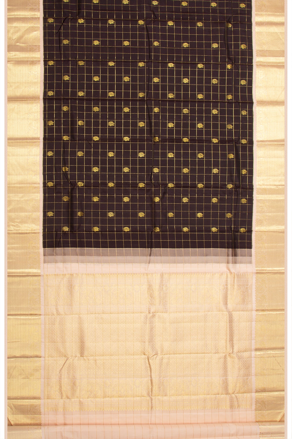 Kanchipuram Silk Checks And Butta Brown Saree