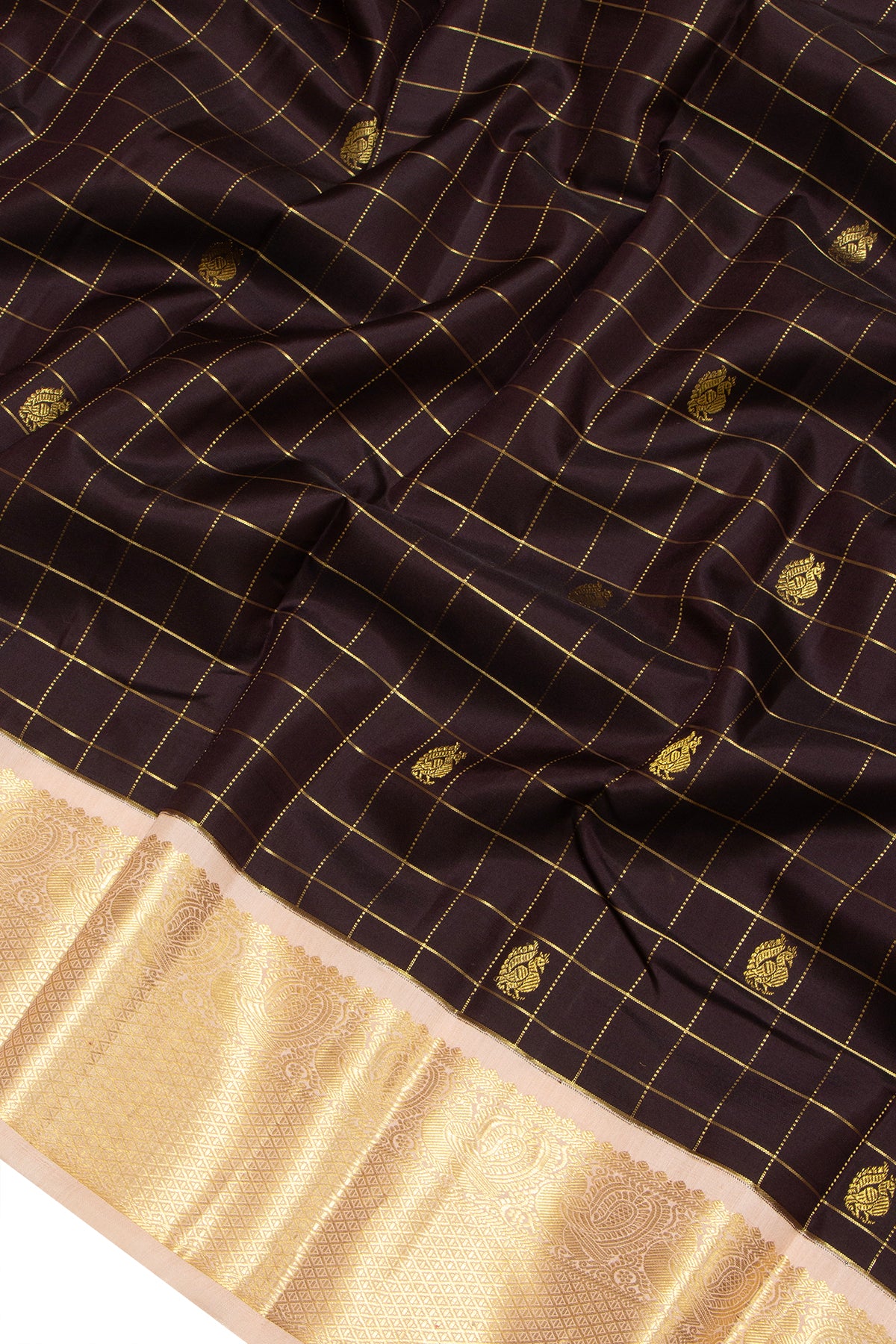 Kanchipuram Silk Checks And Butta Brown Saree