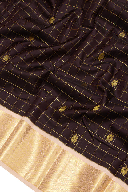 Kanchipuram Silk Checks And Butta Brown Saree