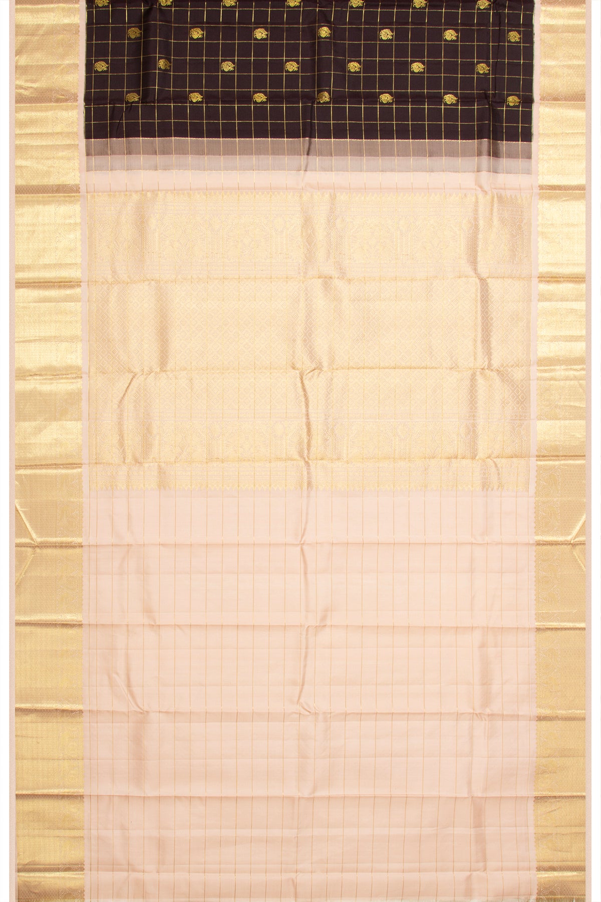 Kanchipuram Silk Checks And Butta Brown Saree