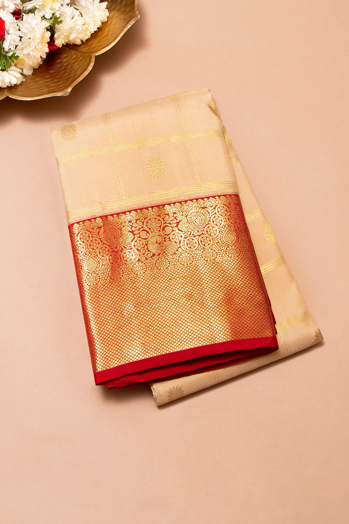 Kanchipuram Silk Checks And Butta Cream Saree