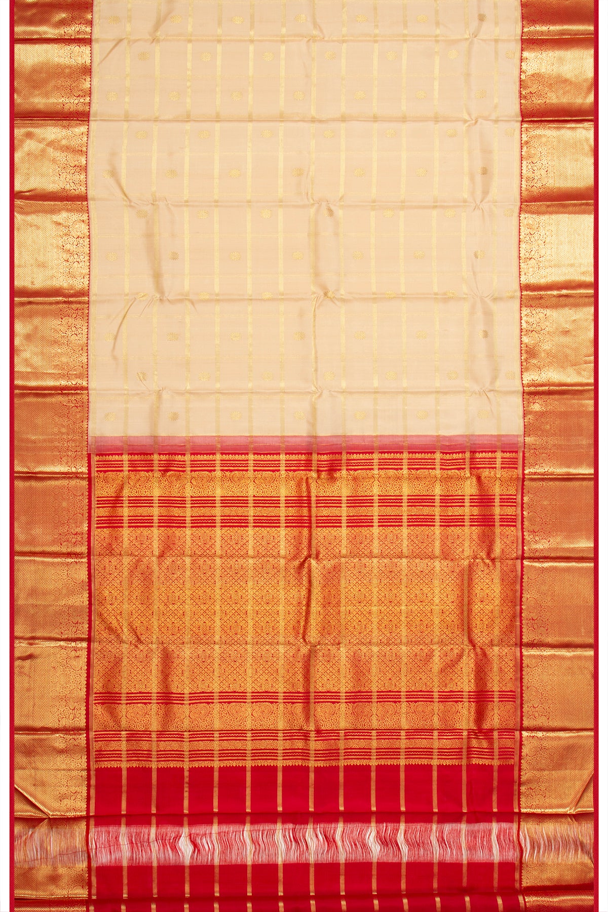 Kanchipuram Silk Checks And Butta Cream Saree