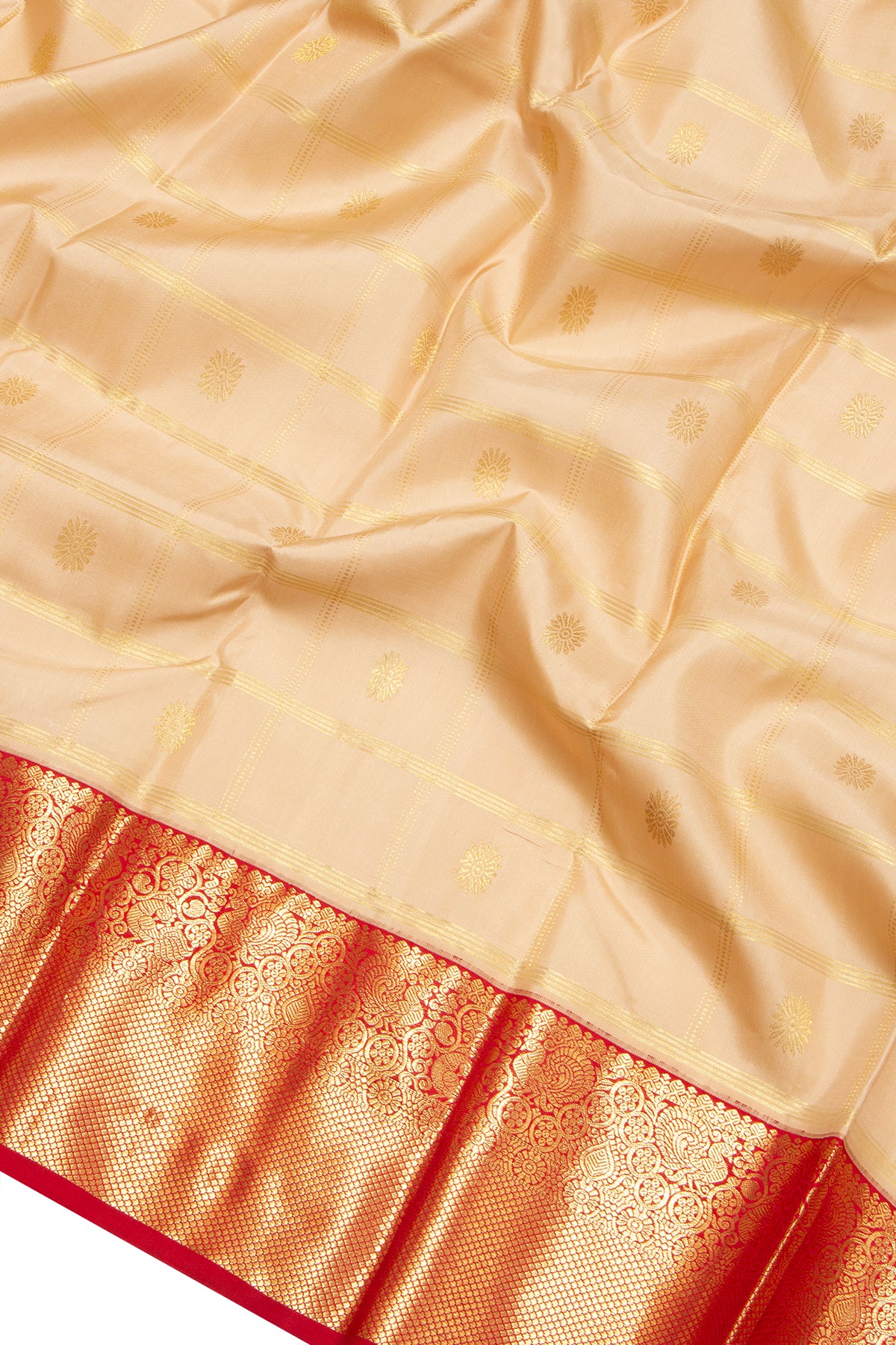Kanchipuram Silk Checks And Butta Cream Saree