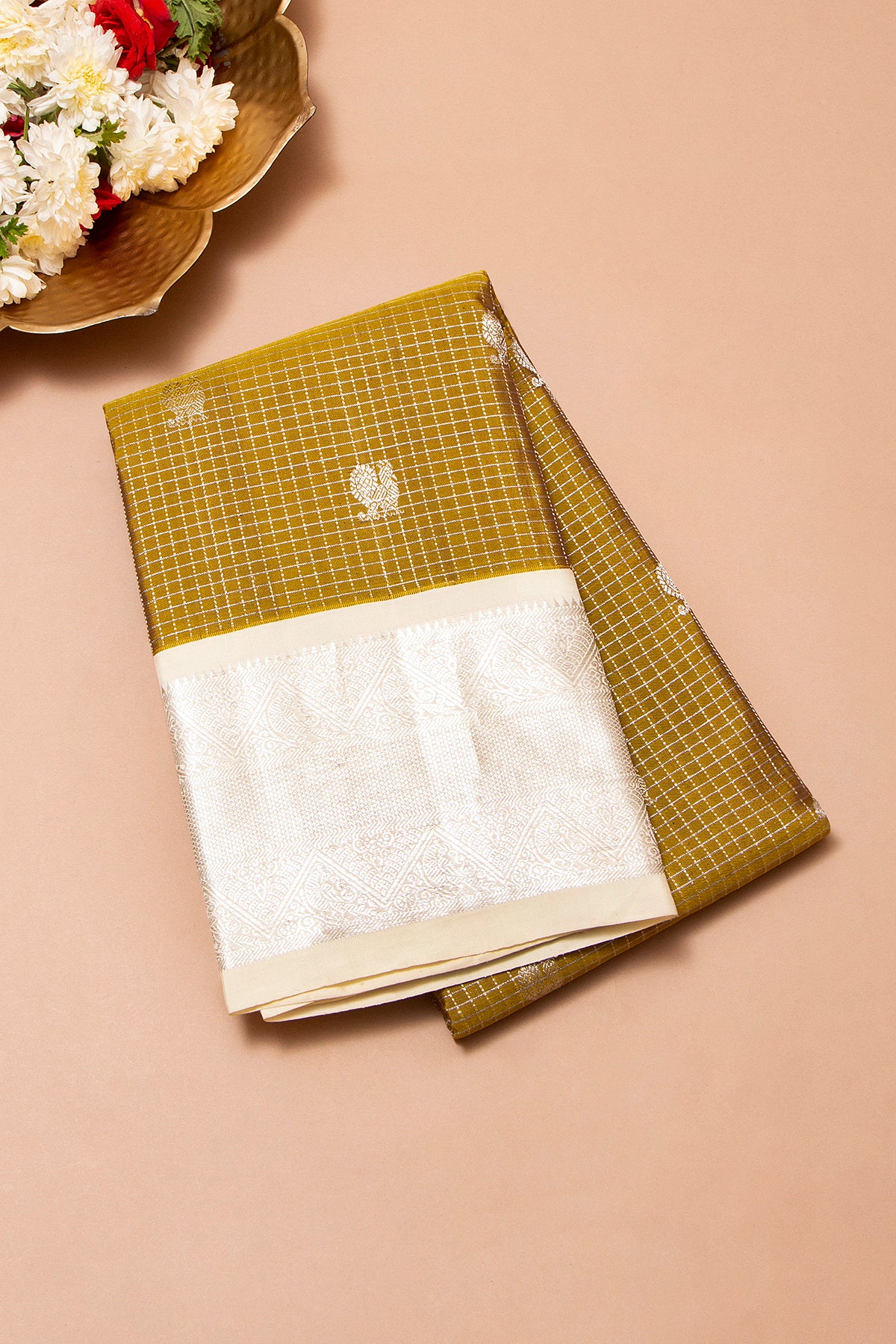 Kanchipuram Silk Checks And Butta Mehandi Green Saree