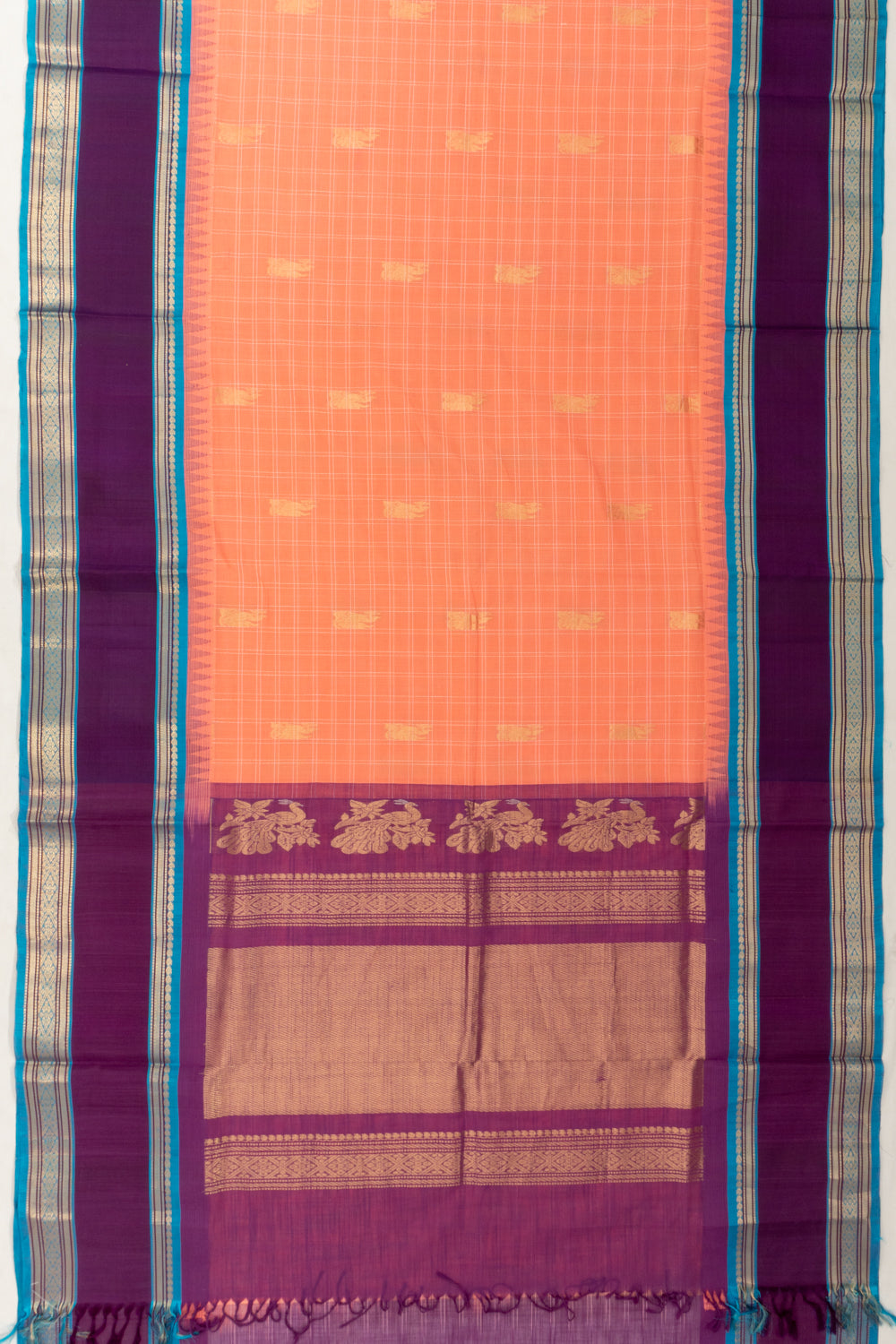 Chettinad Cotton Checks And Butta Pastel Orange Saree