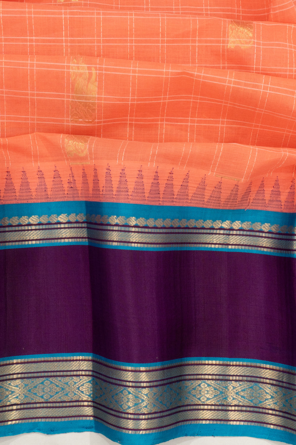 Chettinad Cotton Checks And Butta Pastel Orange Saree